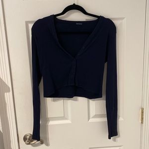 Navy Blue Long Sleeve Button Up Slightly Cropped Top from Brandy Melville